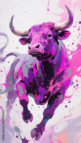 Illustration of a pink bull running forward in the style of oil painting. Impressionism. Vector graphics. EPS.