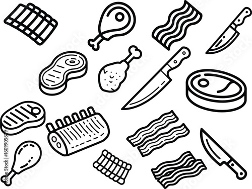 Hand drawn collection of meats and knives for cooking and grilling