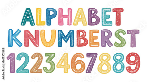 Cheerful Colorful Alphabet and Numbers Illustration on White Background Perfect for Educational Materials and Children's Creative Projects.