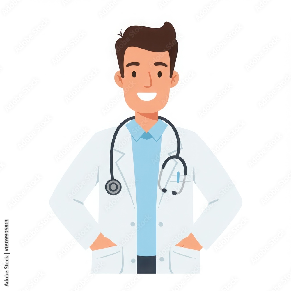 A caucasian man doctor in a white lab coat with a stethoscope around his neck, standing and smiling. Healthcare worker illustration. A caucasian man doctor in a white lab coat with a stethoscope around his neck, standing and smiling. Healthcare worker illustration.