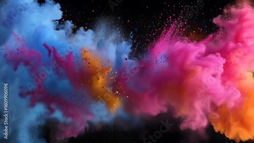 Vibrant explosion of colorful powder creating a dynamic visual spectacle