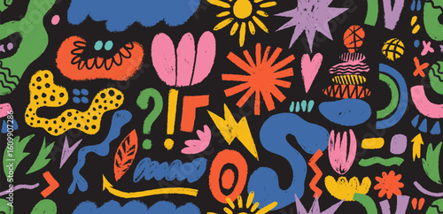 Seamless pattern crayon abstract shapes, forms. Groovy bizarre shapes in trendy crayon drawing style. Seamless vector hand drawn weird shapes with crayon, color chalk or charcoal texture drawn manual.