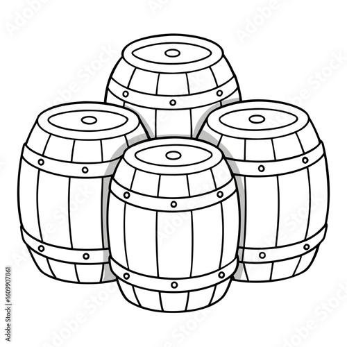 Wooden Barrels Coloring Pages – Outline, Rustic, Container, Storage, Vintage, Line Art, Printable