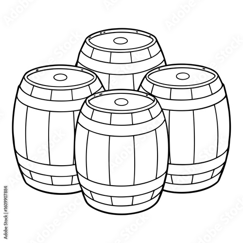 Wooden Barrels Coloring Pages – Outline, Rustic, Container, Storage, Vintage, Line Art, Printable