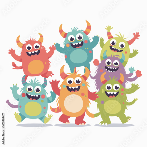 Seven cartoon monsters with horns big eyes and big smiles stand together