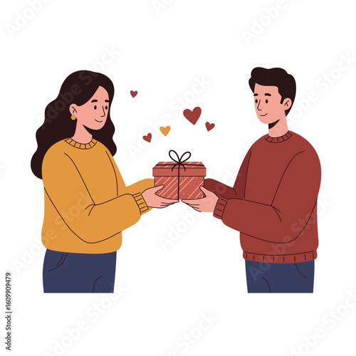Two people exchange a gift box surrounded by heart shapes