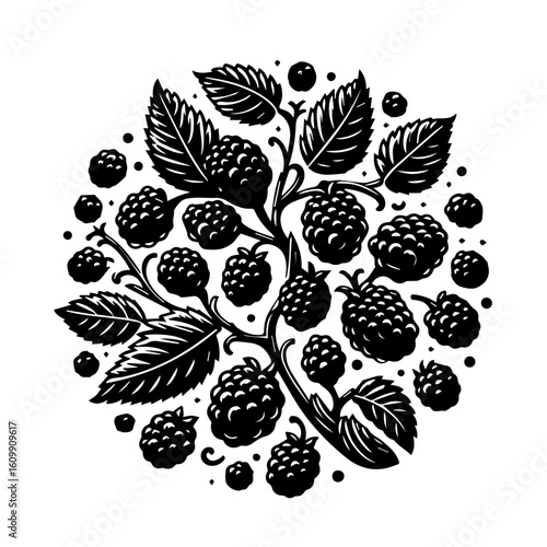 Black and White Bramble Berry and Leaf Design.