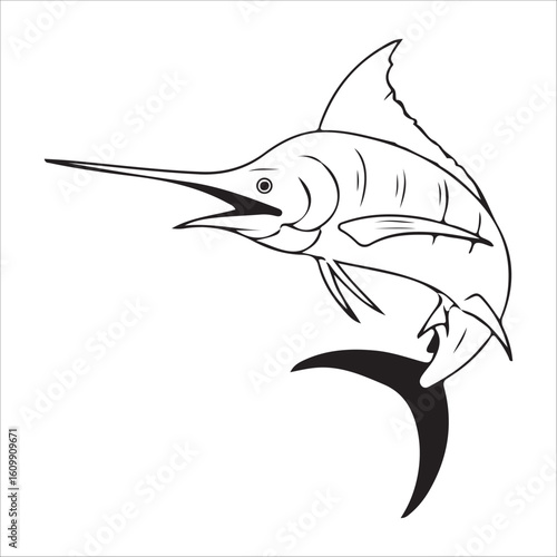 Black and white marlin fish outline illustration vector