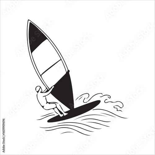 Black and white windsurfer riding a wave windsurfing