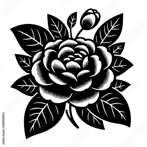 Black and White Stylized Rose with Leaves.