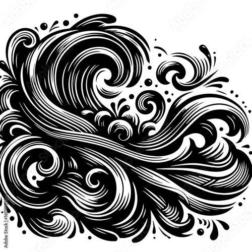 Black and White Swirling Wave Design.