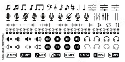 Collection of Modern Music and Audio Player Icons: Black and White Vector Graphics.