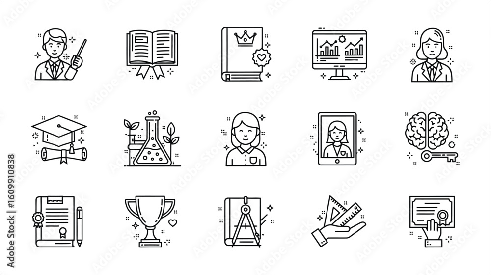 Fototapeta premium Education and learning icons set line art vector