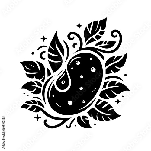 Stylized Black and White Potato with Leaves and Stars.