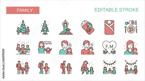 Family activities and moments icons in coral and teal
