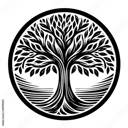 Stylized Black and White Tree of Life Emblem.