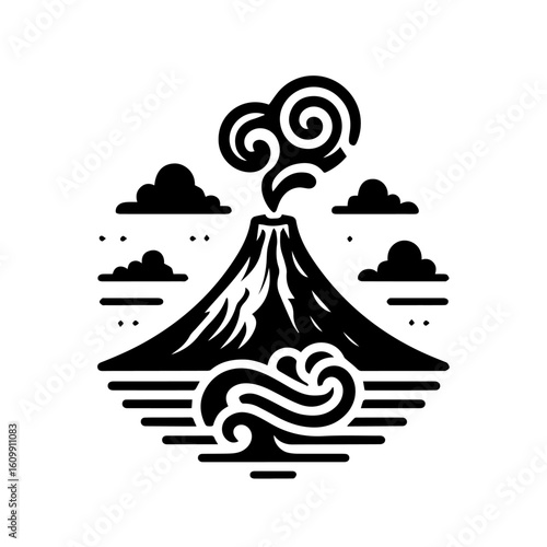 Stylized Black and White Volcano Illustration with Smoke and Clouds.