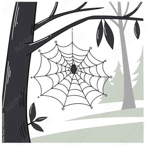 Spider web hanging from tree branch in forest setting  