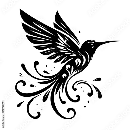 Stylized Black Hummingbird with Swirling Tail Feathers.