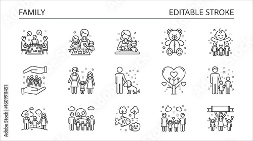 Family icons with diverse activities and relationships