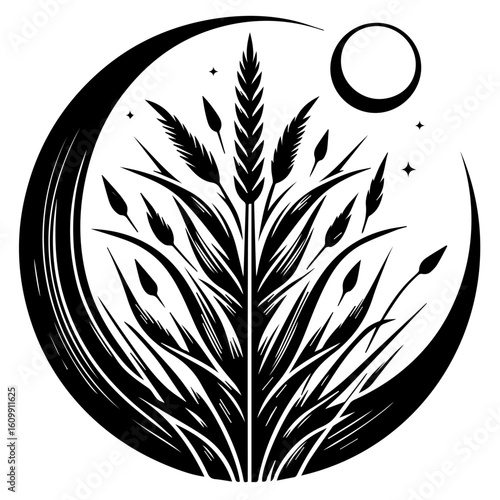 Stylized Wheat Stalks Under a Crescent Moon.