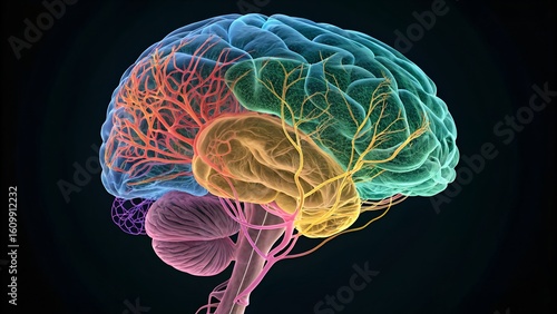 Visualization of schizophrenia — disrupted connectivity between prefrontal cortex and limbic system, multiple sensory channels overlapping