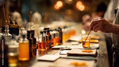 Hands blending scents at a perfumery