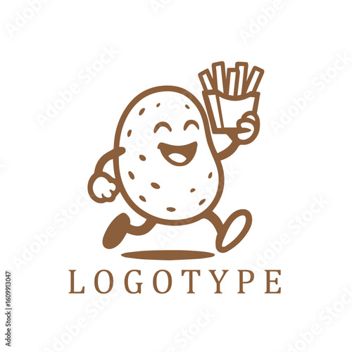 A playful black and white cartoon potato running with a handful of fries. Expressive motion and bold outlines give it a fun, energetic vibe perfect for dynamic branding.