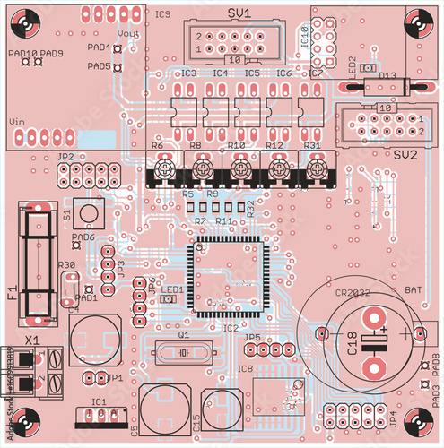 Vector printed circuit board of electronic 
device with components of radio elements, 
conductors and contact pads placed on pcb. 
Engineering technical drawing. Computer technic cad design.