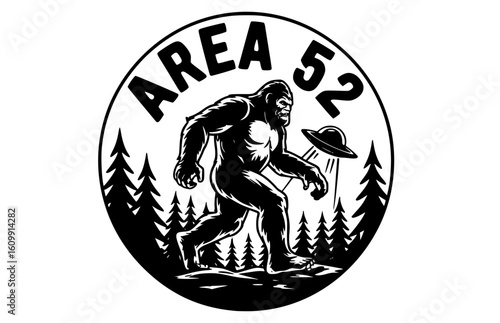 Monochromatic vector circular badge with Sasquatch, Bigfoot and UFO in a forest, ideal for apparel, stickers, and merchandise, svg, transparent, isolated