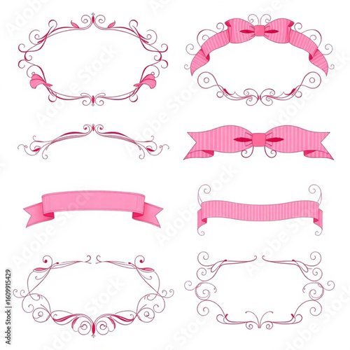 Collection of pink ribbon banners and decorative frames with floral swirls on a white background design set