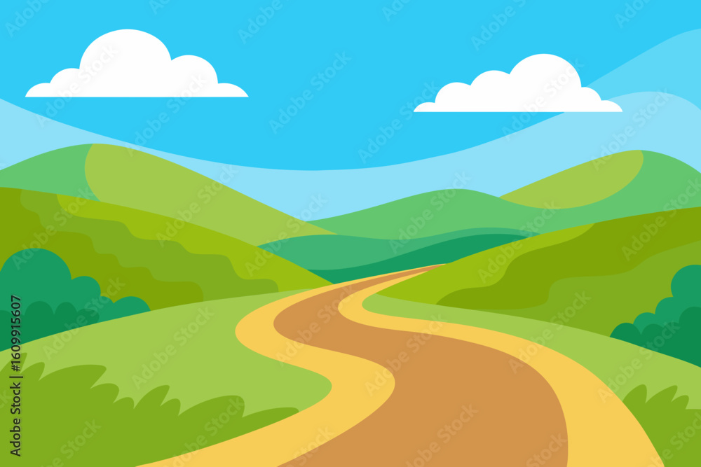 Fototapeta premium Vibrant 2D Cartoon Illustration Of A Serene Rural Landscape