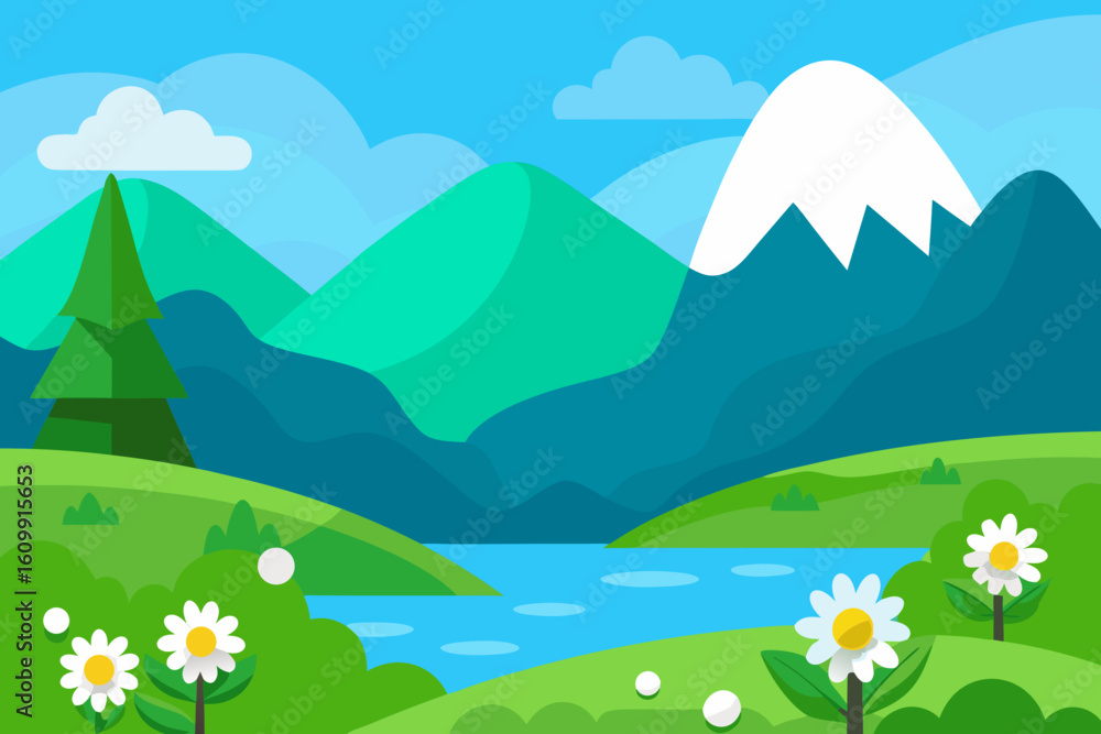 Fototapeta premium Vibrant 2D Cartoon Background Scene Illustration Of A Landscape
