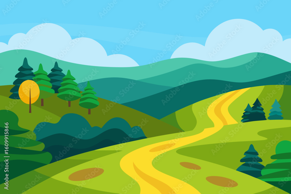 Fototapeta premium Wide Angle Landscape Illustration Capturing Vibrant Scenic Vista