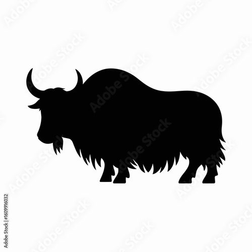 Black Silhouette of a Yak on White Background