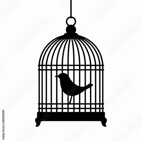 Caged Bird Silhouette on White Background