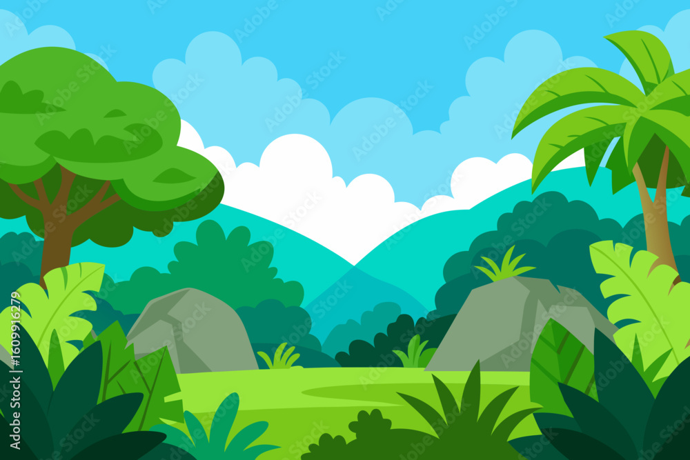 Obraz premium Vibrant 2D Cartoon Illustration Lush Jungle Background Scene Playful