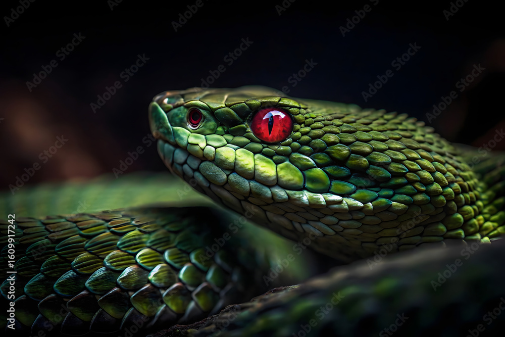 Fototapeta premium Close-Up of Green Snake with Vivid Red Eyes