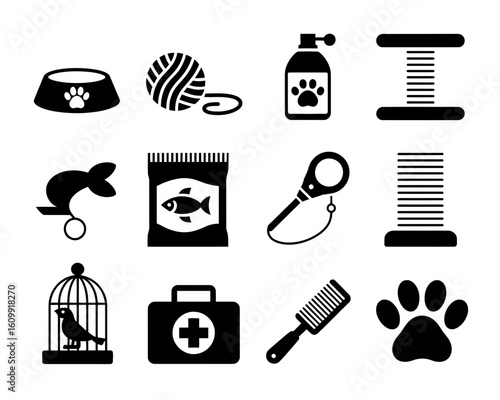 Collection of pet care icons including food bowl yarn and grooming tools silhouette isolated on white background