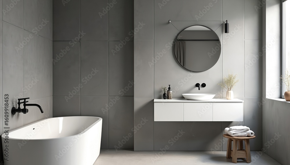 Fototapeta premium Minimalist gray bathroom featuring white freestanding bathtub, black fixtures, round mirror, vanity with sink and wooden stool. Modern serene spa space with natural light, tiles, and wood accents.