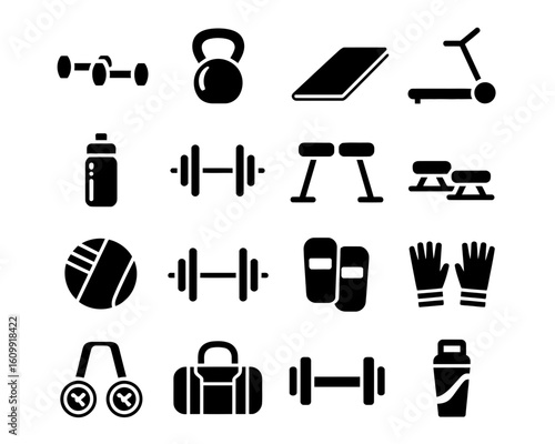 Collection of fitness equipment icons silhouette isolated on white background