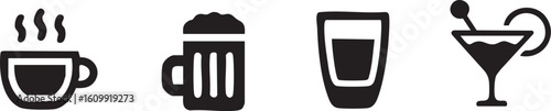 Collection of four black and white stylized beverage icons including a steaming coffee cup a tall beer mug a shot glass and a cocktail glass
