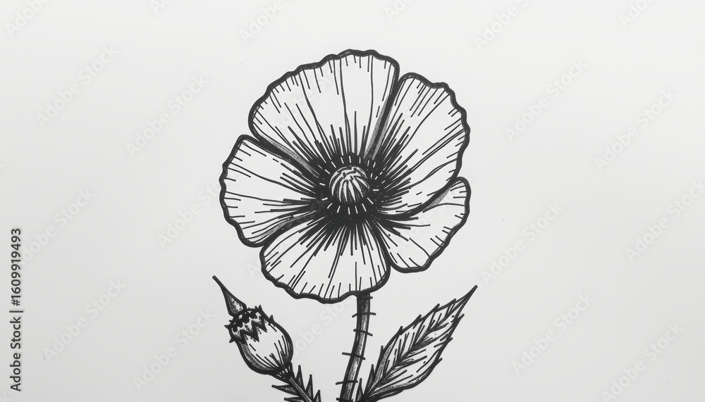 Fototapeta premium Detailed illustration of flower with bud and leaves