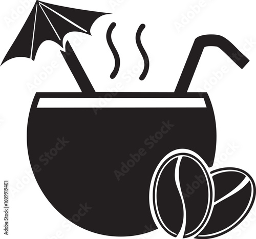 Stylized black silhouette of a tropical coconut drink with coffee beans and a small umbrella