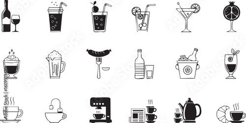 Collection of doodle icons representing various beverages and drinks for refreshment and celebration