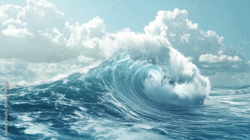 A gentle ocean wave gracefully rolling under a clear blue sky, capturing the tranquil beauty of nature and inviting feelings of peace and calmness associated with coastal environments.