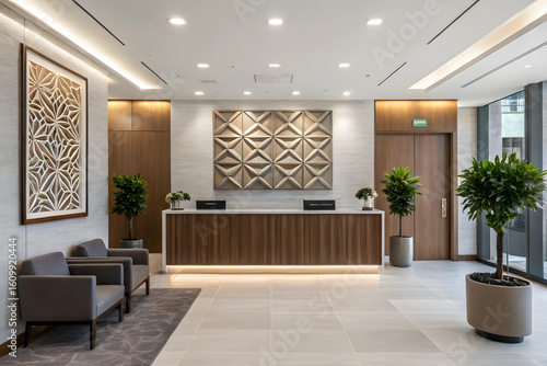 Elegant Office Reception with Wood Desk, Armchairs & Geometric Art