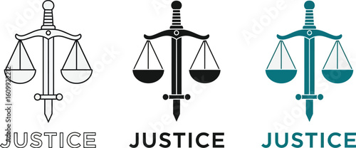 Three justice icons depicting scales with swords in black white and teal colors set on white