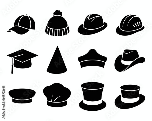 Collection of twelve different hat silhouettes isolated on white background