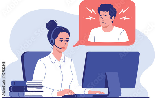 Illustration of a customer service representative assisting a frustrated customer on computer screen